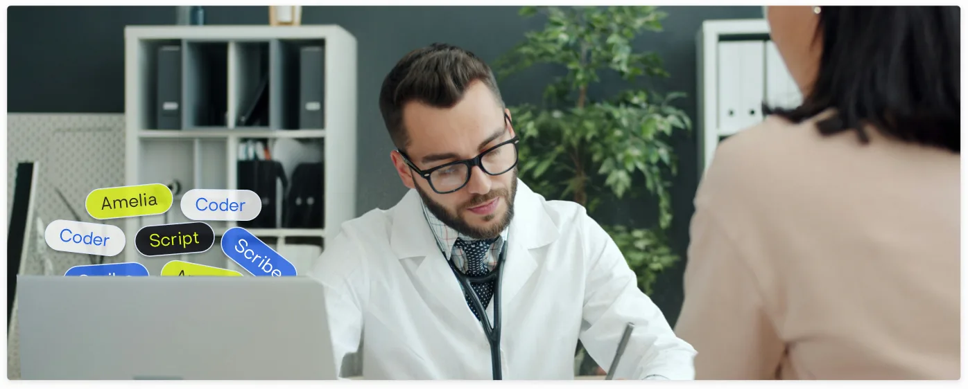 A clinician talking with a patient, surrounded by CarePilot product labels: Scribe, Coder, Script, Amelia.